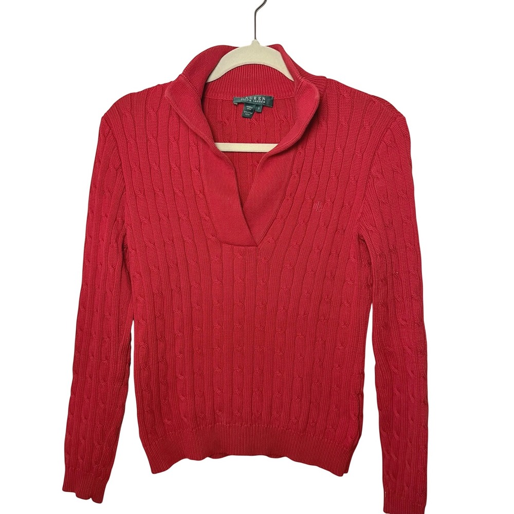Women's Lauren Ralph Lauren Red Cable Knit 100% Cotton V Neck Sweater SZ S